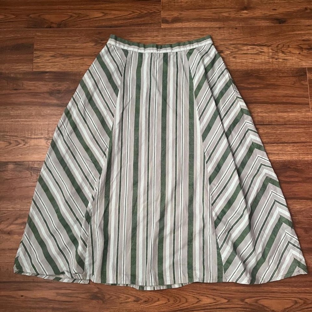 Green Striped 100% Cotton Midi Skirt Wood Buttons Women Large Boho Fairy Cottage - Picture 7 of 8